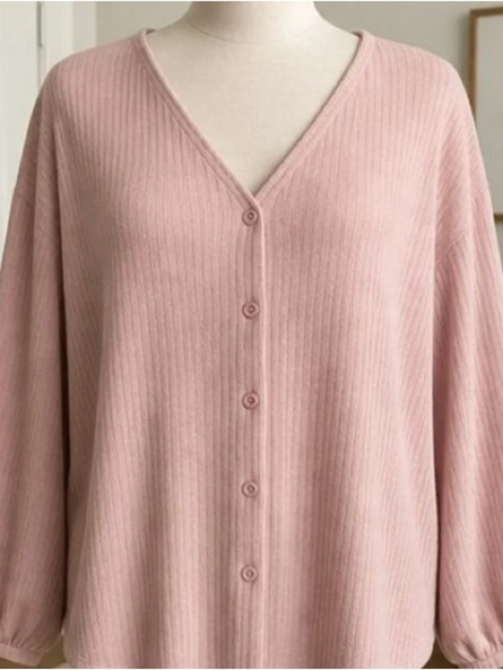 Pink V-Neck Button-Front Ribbed Women's Sweater